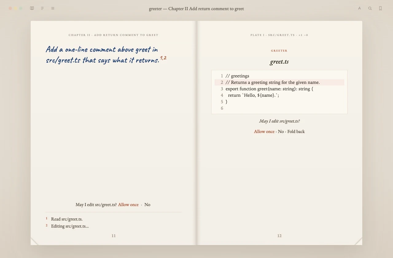 Chapter II paused before an edit: the request in ink on the left, May I edit src/greet.ts? Allow once · No at the foot of the page, and the proposed one-line comment set as Plate I on the right.